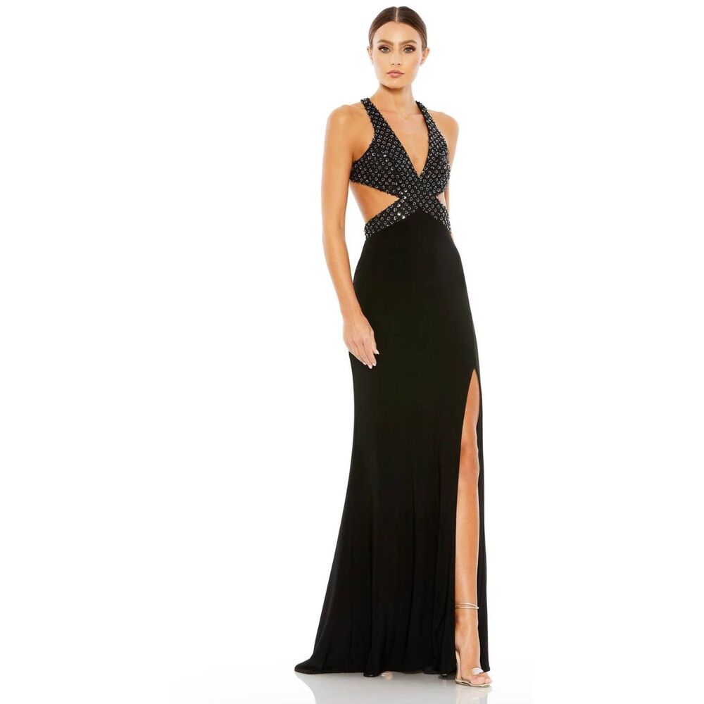 Mac Duggal Black Floral sequined Criss Cross Bodice Gown‎ size 0 NWT